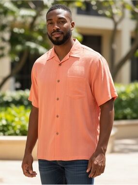 NWT Bamboo Cay Silk Camp Shirt L Peach Hawaiian Resort Button Front Short Sleeve